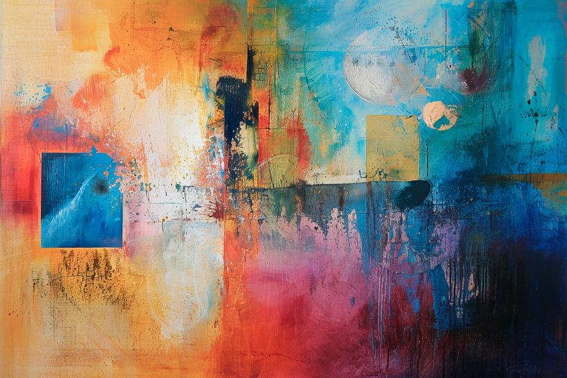 Abstract painting, yellow, orange, blue, purple and green by BowiScapes abstract and digital art