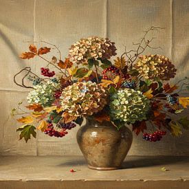 Nature morte romantique d'automne : Hortensia et baies dans un vase sur Studio Pieternel
