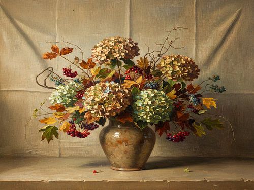Romantisch Herfststilleven: Hortensia's en Bessen in vaas