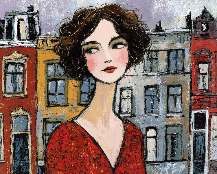 Woman with Curly Hair by Abstract Painting