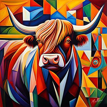 Le regard calme d'une vache des Highlands sur Mellow Art