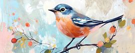 Vogel | Fröhlicher Sommervogel auf einem Ast von Blickfänger Gemälde