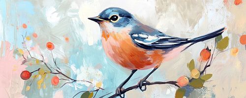 Bird | Cheerful Summer Bird on a Branch by Eye catching paintings
