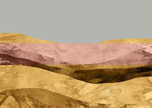 Zen kunst. Abstract landschap in Japanse stijl in goud, terra, grijs.