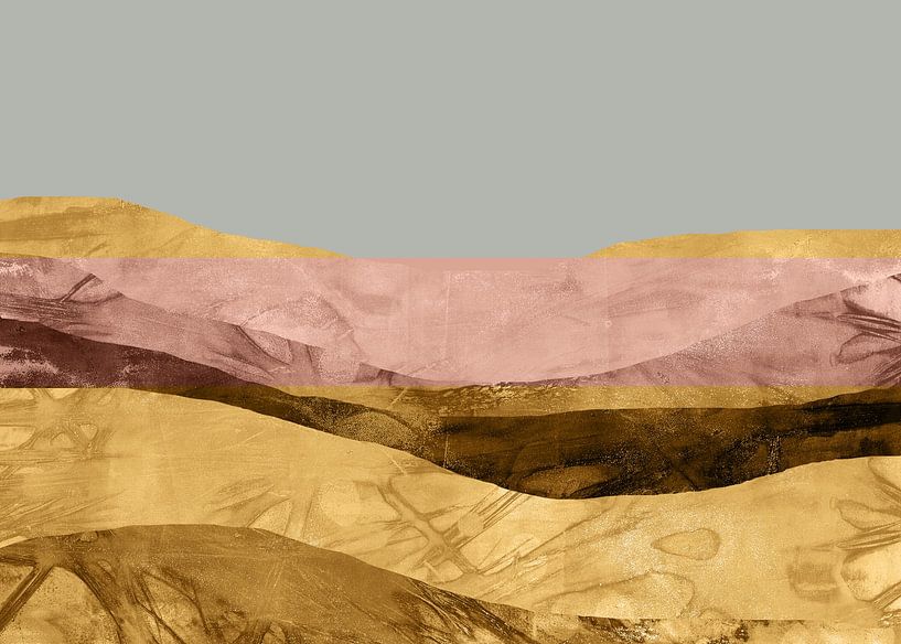 Zen kunst. Abstract landschap in Japanse stijl in goud, terra, grijs. van Dina Dankers