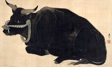 Liegender Stier. Alte Malerei. Japanische Kunst. Retro Japandi. von Dina Dankers