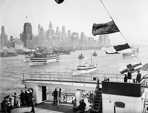 Historisch New York 1936: Skyline van Manhattan vanaf de veerboot, 1936