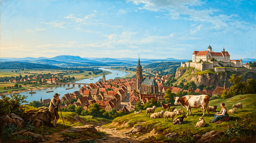Historisch Europees stadje aan de rivier met een kasteel op een heuvel en een idyllisch landschap