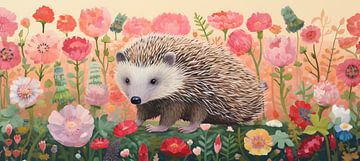 Hedgehog in Sea of Flowers | Hedgehog Nature Painting sur De Mooiste Kunst