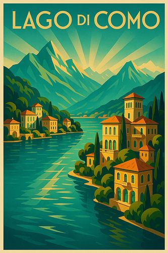 Lake Como Art Deco Landscape Wall Print