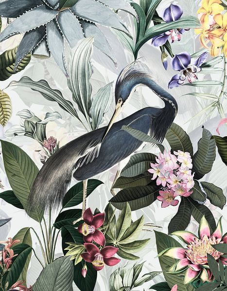 Blaureiher Im tropischen Blüten Dschungel von Floral Abstractions