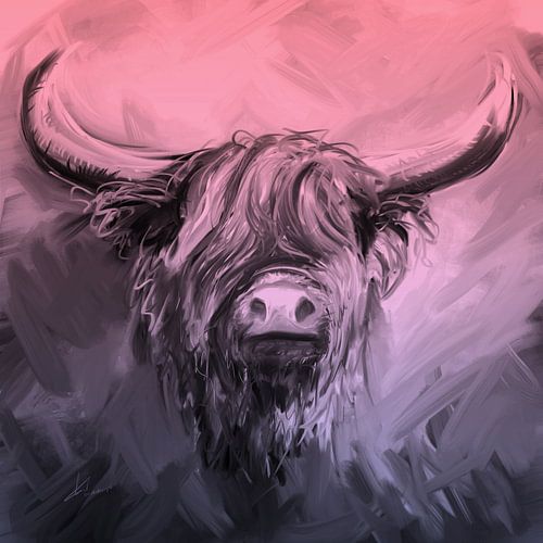 Teil des Triptychons 02 - Schottisches Highlander-Kunstwerk in Lila, Schwarz und Rosa von Emiel de Lange