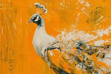 Dynamisch schilderij van een pauw in oranje van De Muurdecoratie