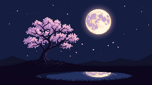 Sakura-Baum im Mondlicht – Friedliche Pixel-Art-Nachtlandschaft