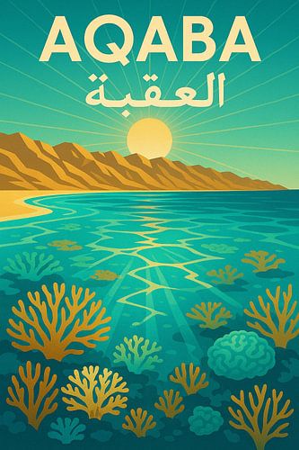 Aqaba Jordan Coastal Art Print – Red Sea Coral Reef & Mountains Illustration