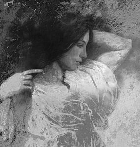 Portrait vintage d'une jeune femme en noir et blanc. sur Dina Dankers