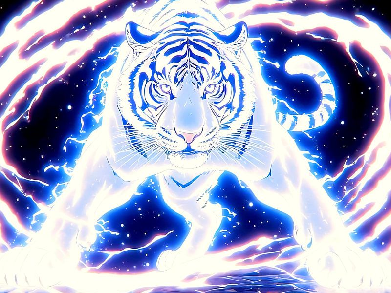 Hemels glanzende witte tijger in pose van A.D. Digital ART