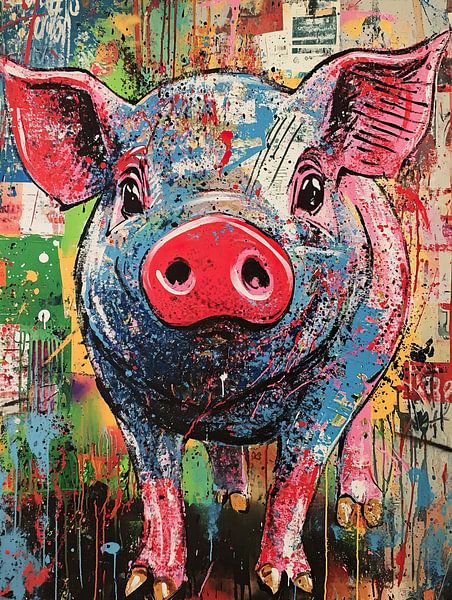 Summer Pig With Colour | Coloured Pig Portrait by Abstract Painting