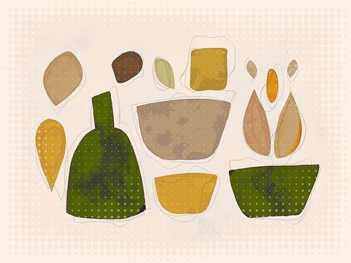 Compositie met fles en bakjes