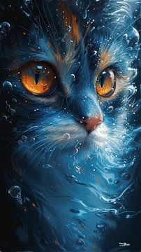 poes - kat met blauw water van Gelissen Artworks