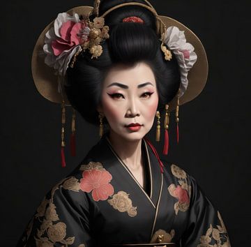 Oudere Geisha portret in warme pastel kleuren en traditionele kleding.