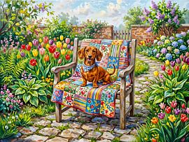 Dackel sitzt auf einem Patchwork-Gartenstuhl inmitten von Tulpen von ArtMomente