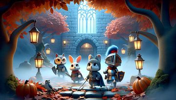 Halloweenavond met kleine ridders in het bos van artefacti