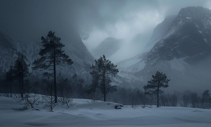 Een sluier van sneeuw over de toppen van fernlichtsicht