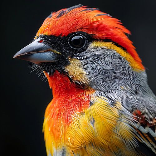 Close Up Of Colorful Bird With Red Orange Yellow Feathers