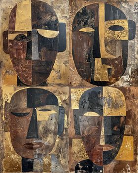 Quadruple Abstract Tribal Masks in Earth tones and Gold