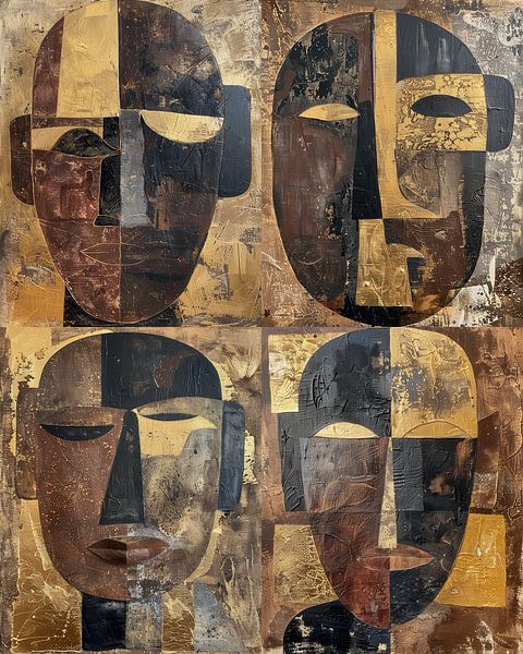 Vierluik Abstract Tribal Masks in Aardse Tinten en Goud van Digatelier