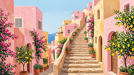 Sunlit Mediterranean Pink Village Stairway View by Daan Dirk