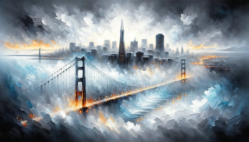 Fog-shrouded bridge in San Francisco by artefacti