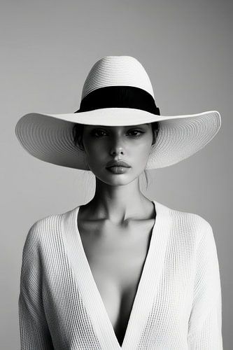 Elegant portret van een vrouw met een hoed - zwart-wit
