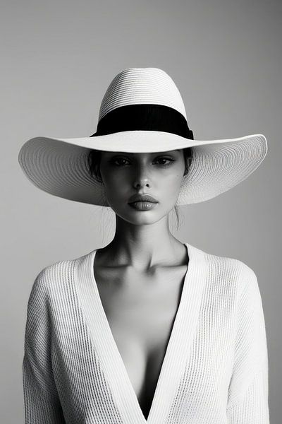 Elegant portrait of a woman in a hat - black and white by Poster Art Shop