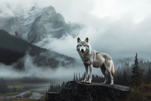Witte wolf staat op een rots in canada met een prachtig uitzicht op de bergen met mist