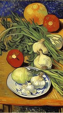 Impressionistic still life vegetables on table by Maud De Vries
