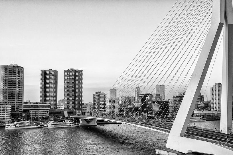 Skyline van Rotterdam met Erasmusbrug i n zwart wit van Patricia Hofmeester