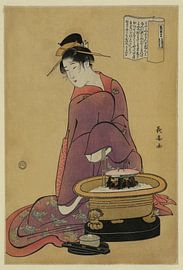 Japanese art ukiyo-e. Retro woodcut of a woman in kimono. Hibachi by Dina Dankers