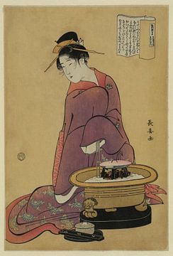 Japanse kunst ukiyo-e. Retro houtsnede van een vrouw in kimono. Hibachi