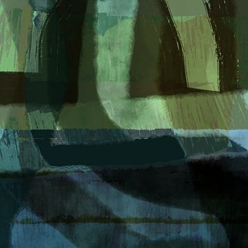 Moderne abstracte minimalistische kunst. Vormen en lijnen in blauw, bruin en groen. van Dina Dankers