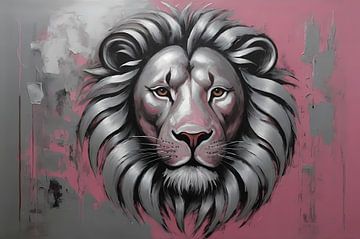 Abstract Silver Lion with Pink Background by De Muurdecoratie