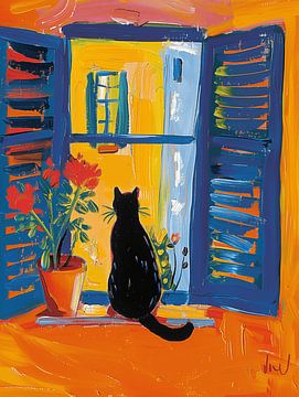 Zwarte kat kijkt naar buiten van Artsy