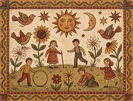 Rustic Folk Art Illustration of Children Playing Under Sun Moon by Clay Artista