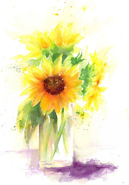 Sonnenblumen Stillleben mit Glasvase Aquarellgemälde von Karen Kaspar