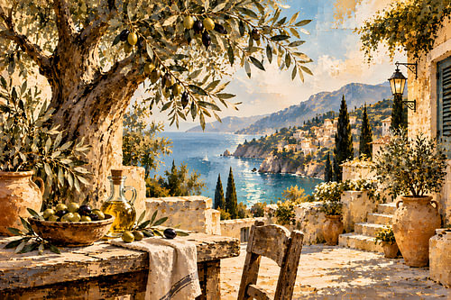 Mediterranean olive tree on the coast | Italian seaside landscape with olive trees &, terracotta | Landscape-format poster