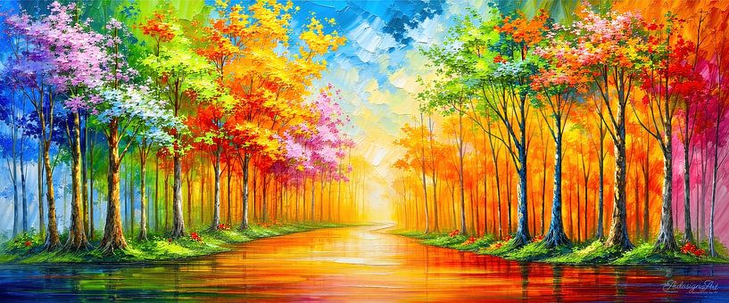Symphonie forestière de fin d'été au bord de la rivière - Paysage lumineux dans l'éclat du coucher de soleil par AidasignArt