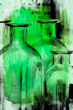 Digitaal schilderij, flessen in groene tinten.
