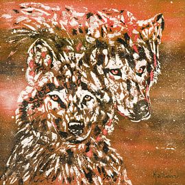 Winterwolf oranje van Kathleen Artist Fine Art