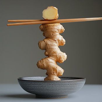 Balancing Piece Of Ginger | Gingembre dans un bol avec des bâtonnets de sushi
